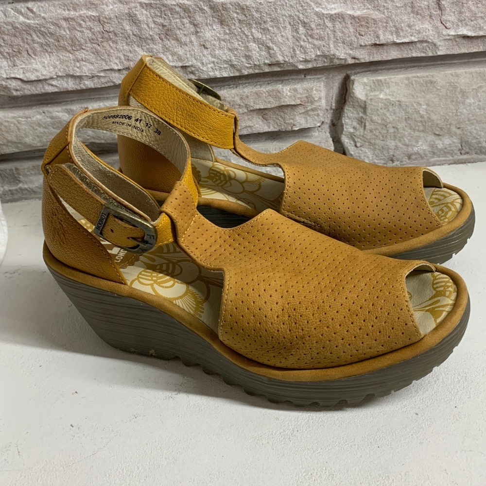 Fly London Yuna Mustard Yellow Leather Wedge Sandals Ankle Strap Women Size 38